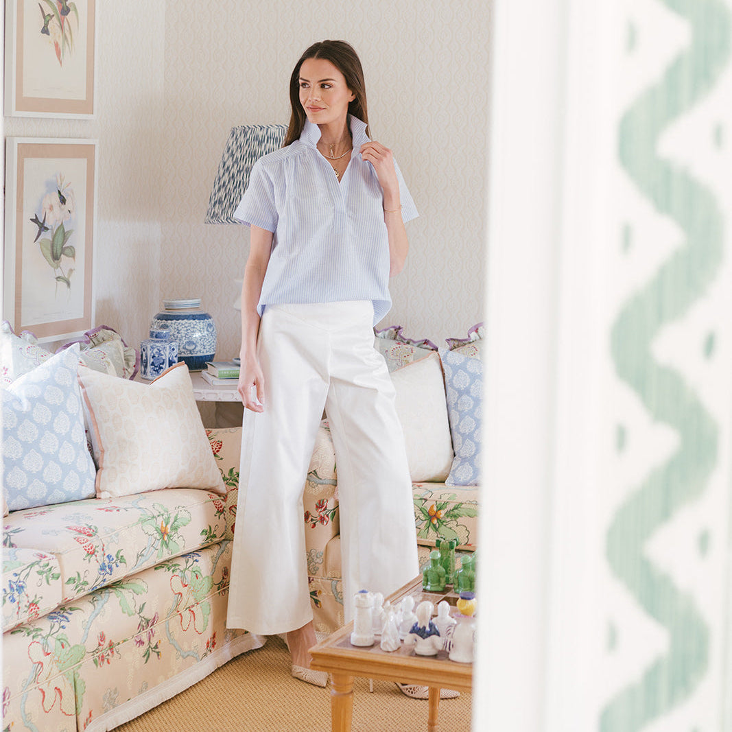the ADDIE top in thin blue/cream stripe Italian cotton