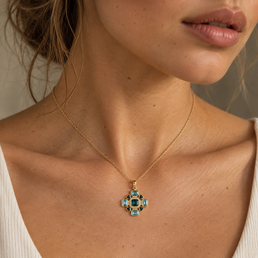 14K Gold Tourmaline & Blue Topaz Statement Pendant