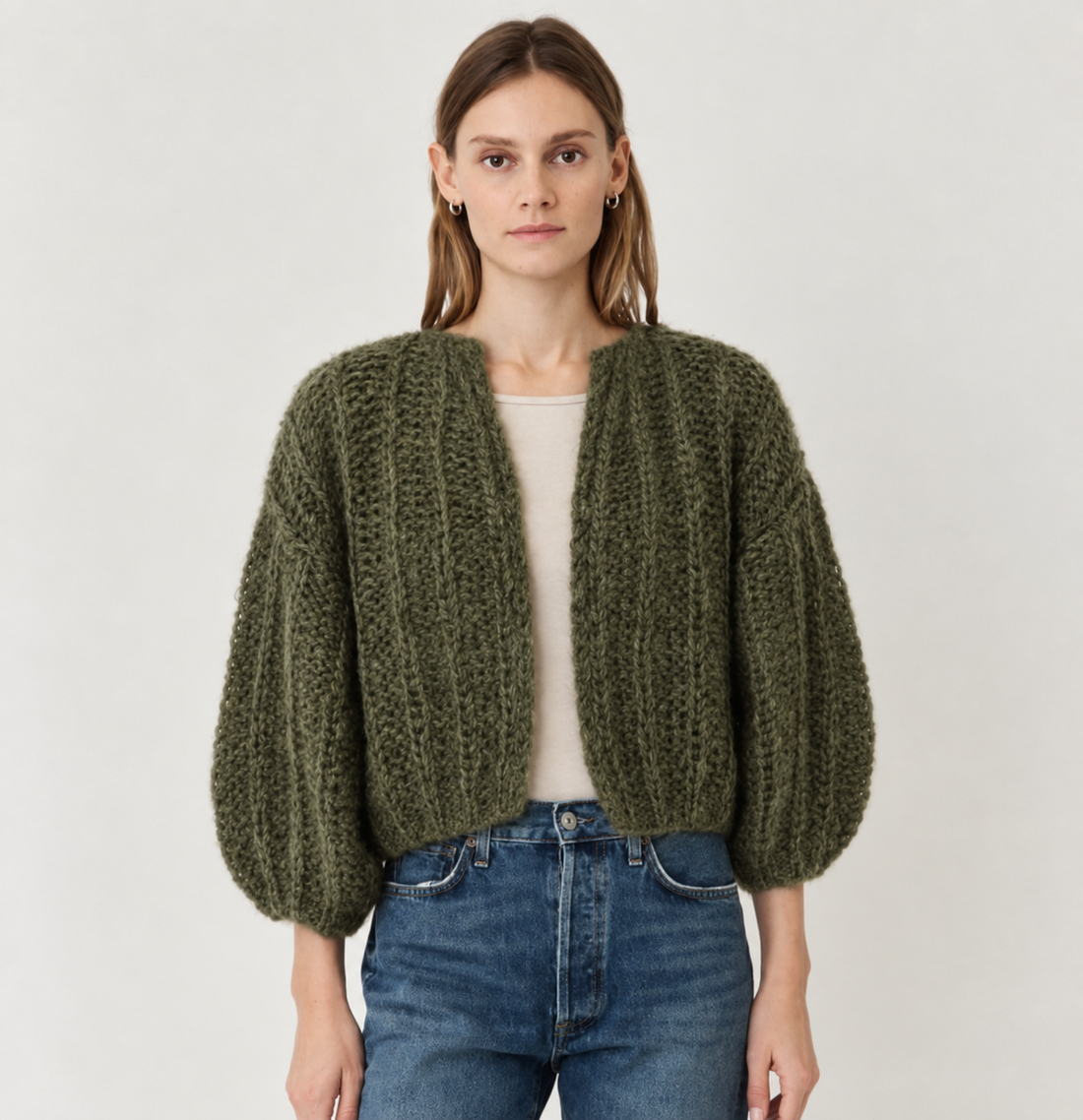 Maiami Mohair Ribbed Bomber Cardigan in Olive