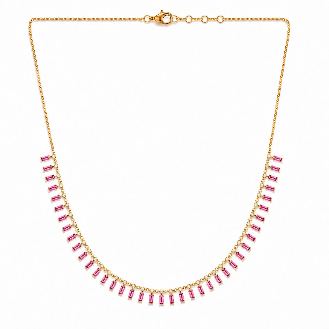 14k gold diamond and pink sapphire baguette necklace