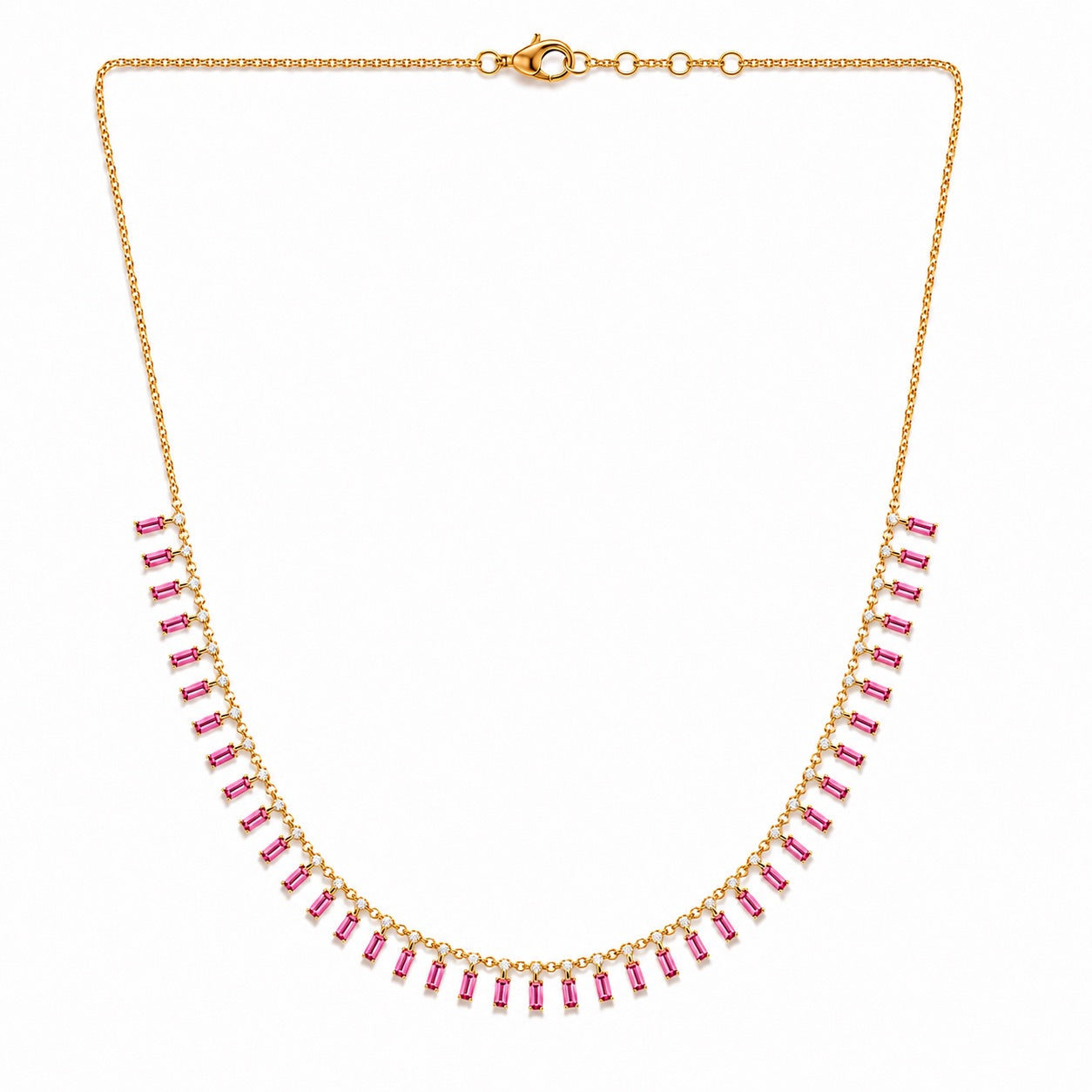 14k gold diamond and pink sapphire baguette necklace