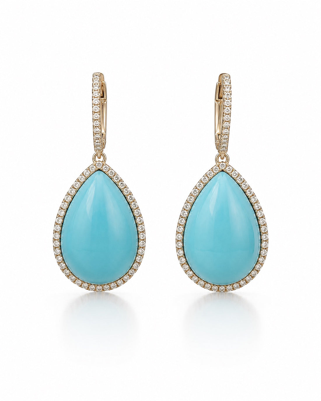 14K Gold Pear Turquoise and Pavé Diamond Halo Drop Earrings