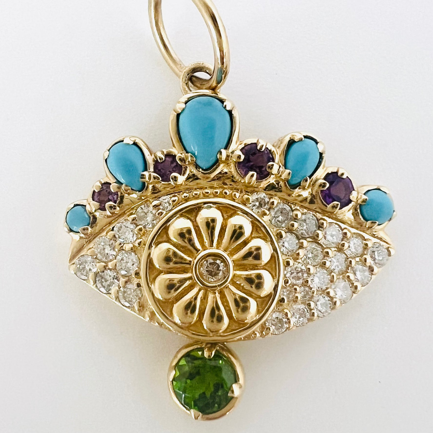 14 k gold with diamond, emerald, amethyst and turquoise evil eye pendant
