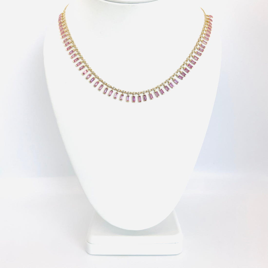 14k gold diamond and pink sapphire baguette necklace