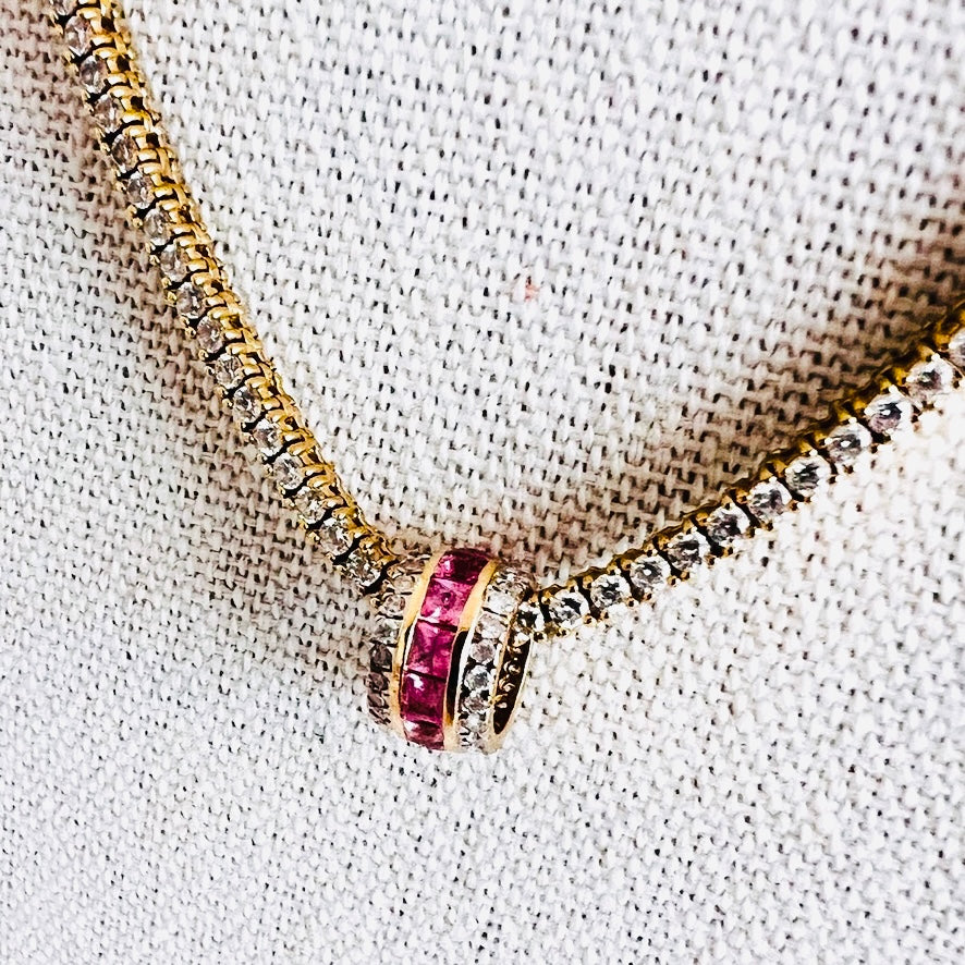 14k two row diamond and pink sapphire rondelle