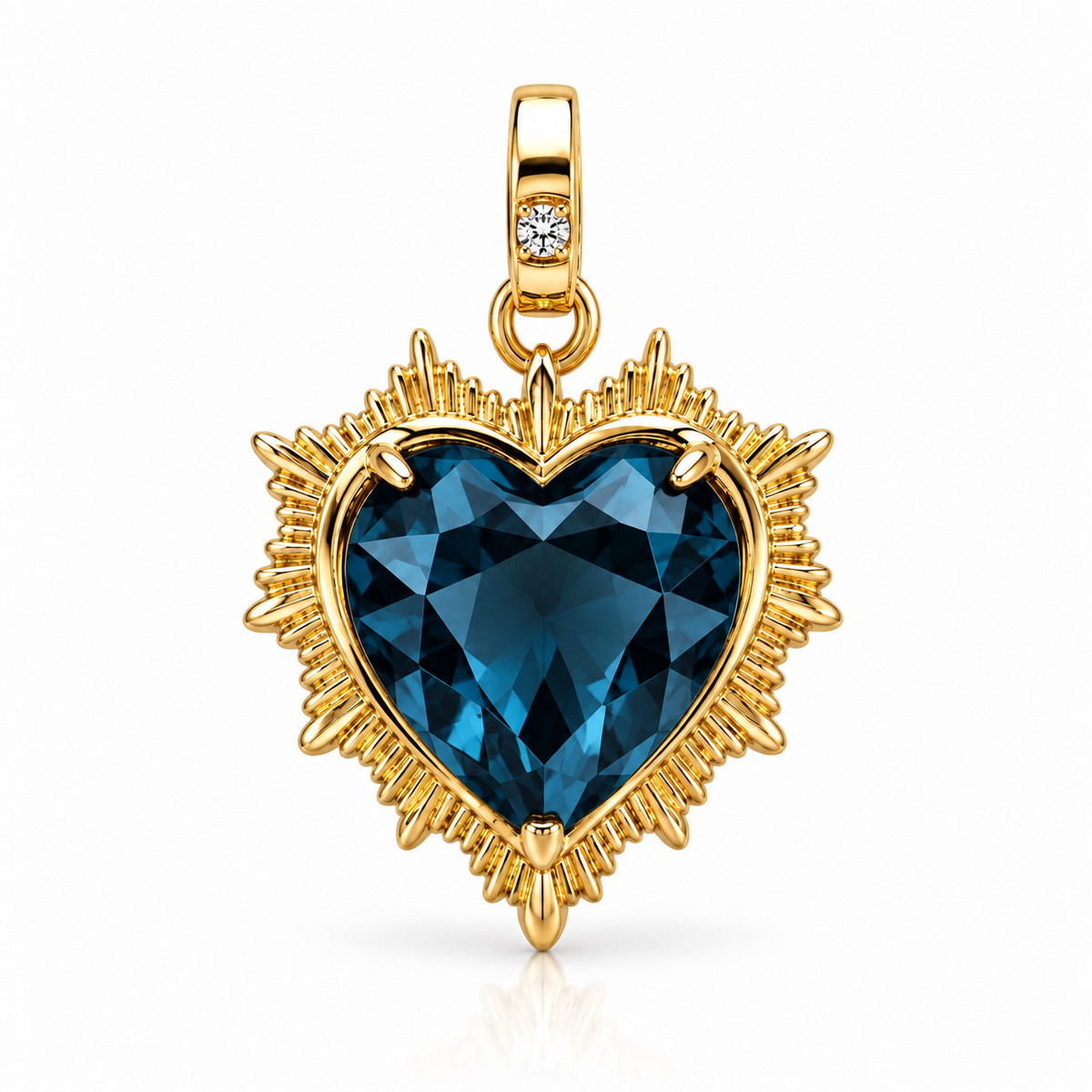 14K Gold London Blue Topaz Sunburst Heart Pendant
