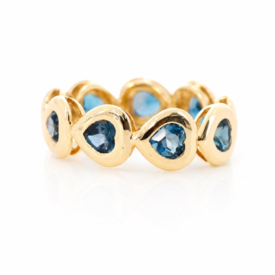 14K gold London blue topaz heart pattern band ring