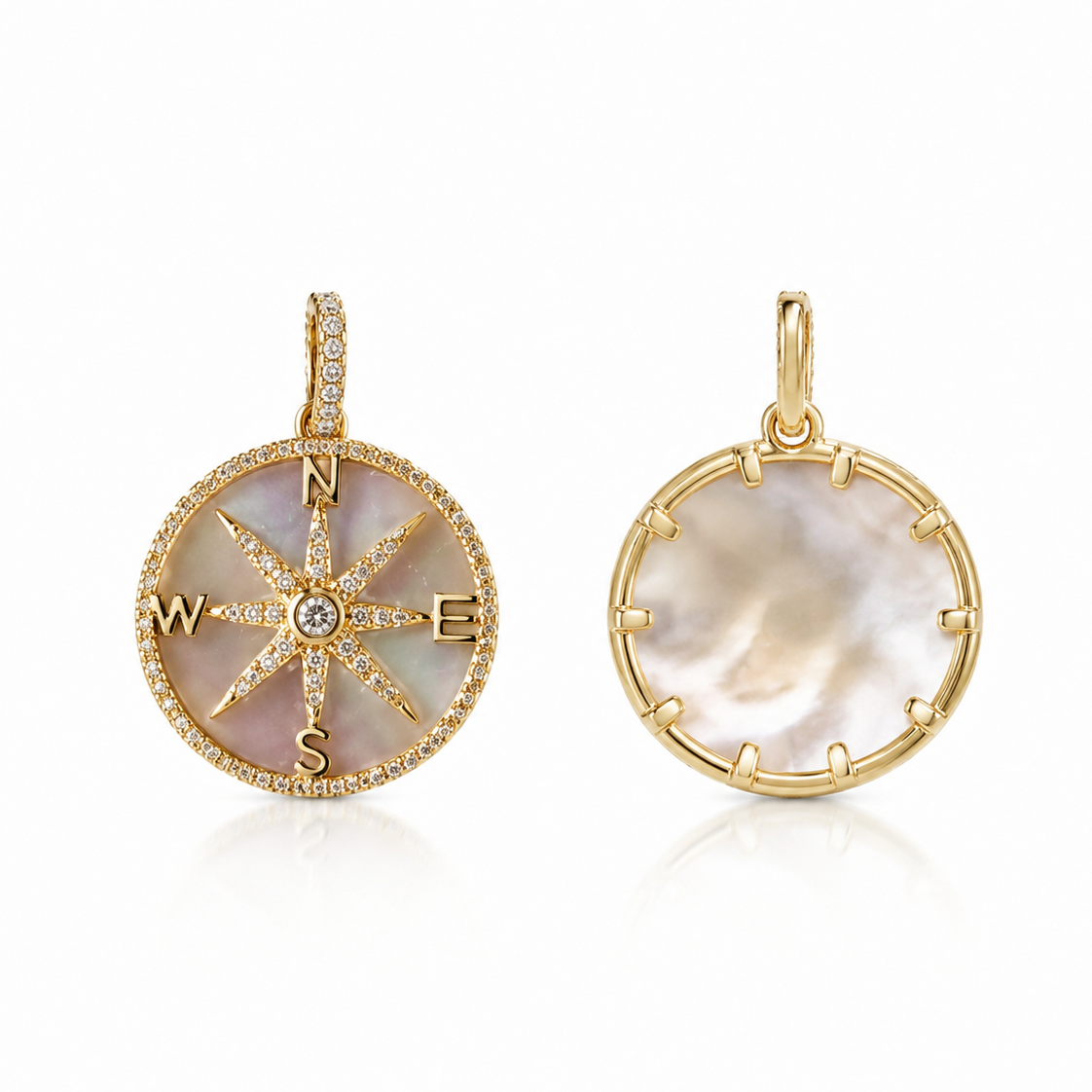 14k gold mother of pearl compass charm with diamond pavé