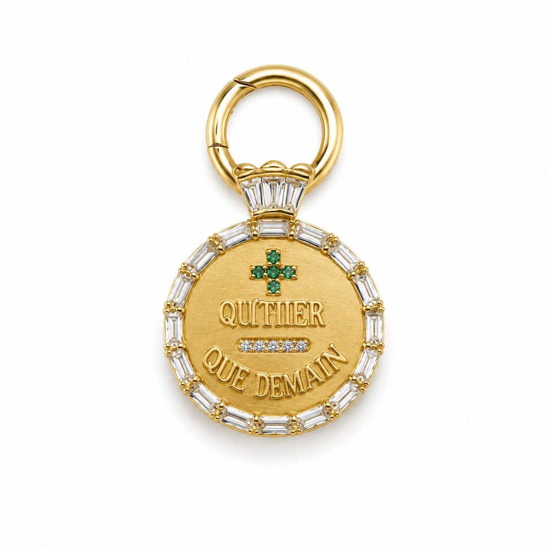 14K Gold Baguette Diamond and Emerald Coin Pendant
