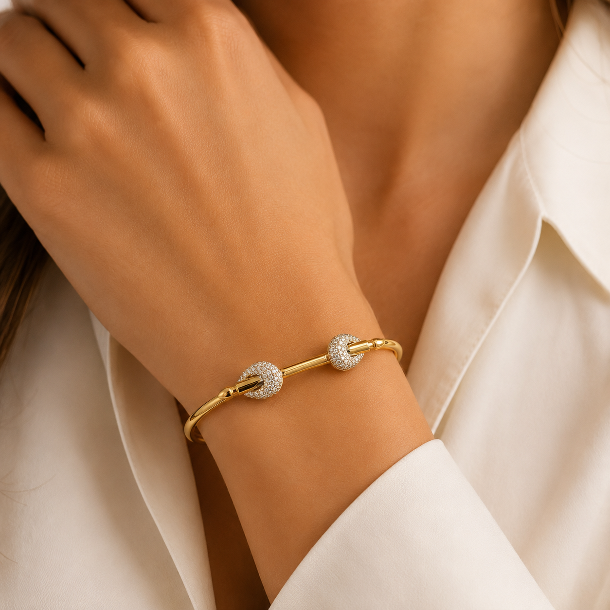 14K gold pavé diamond double knot bangle bracelet product shot