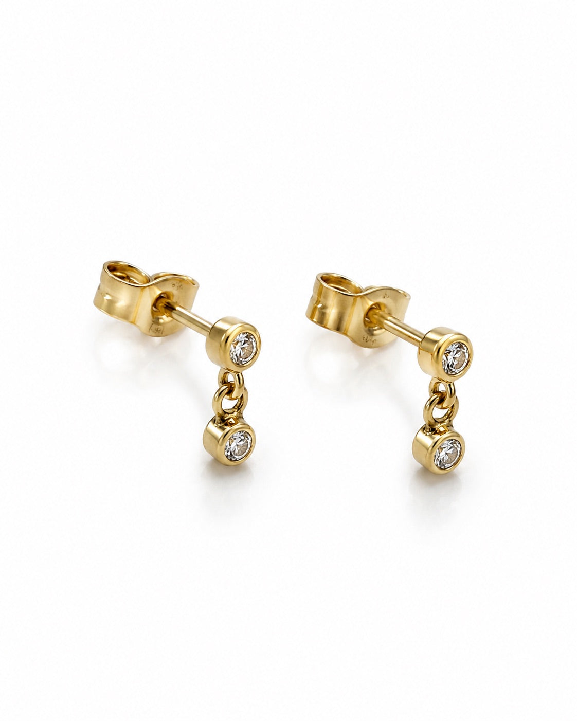 14K gold diamond drop earrings, close-up detail