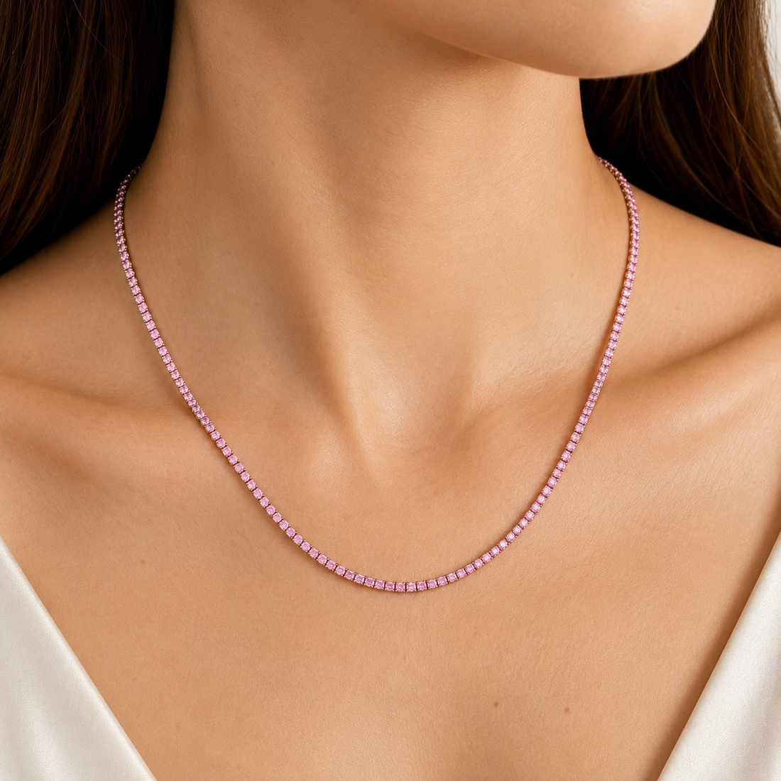 14K Gold Pink Sapphire Tennis Necklace