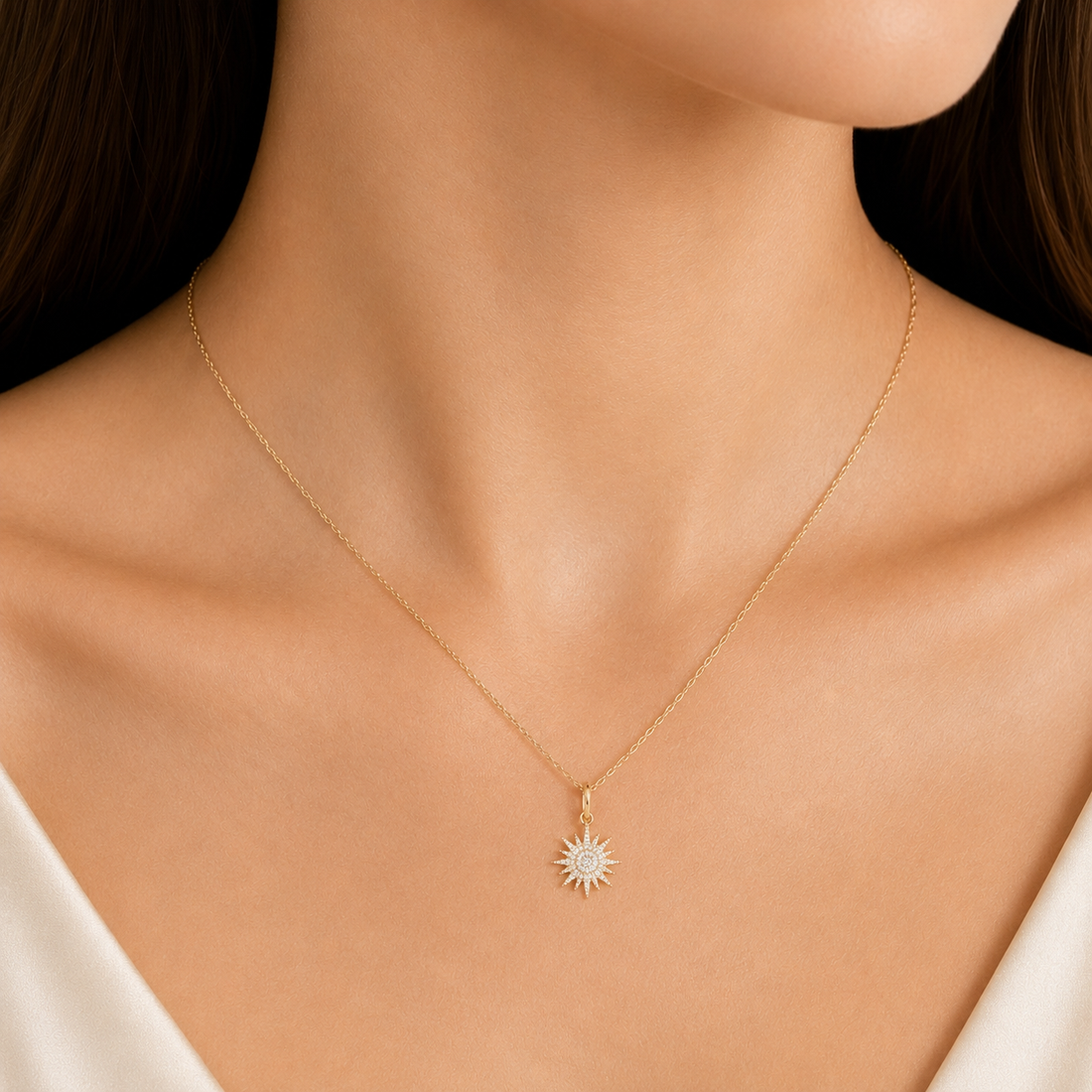 14K Gold Diamond Sunburst Pendant