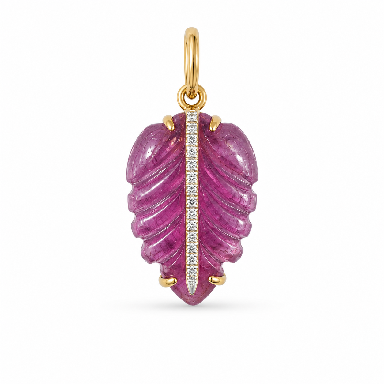 14K gold pink tourmaline and diamond leaf pendant