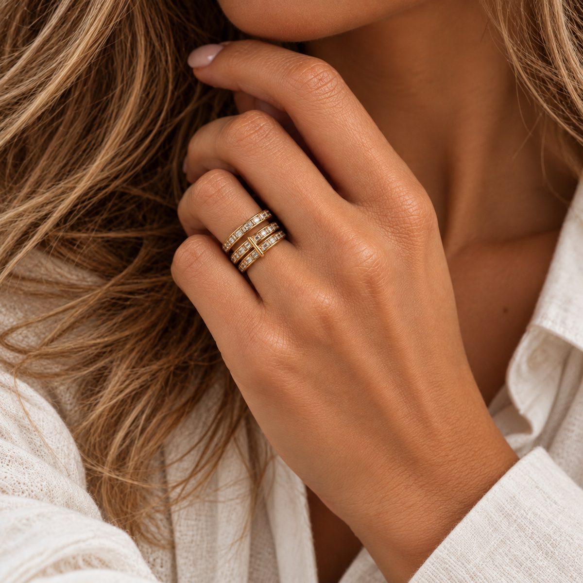 14K Gold Diamond Triple-Row Baguette Ring, 2.79ctw