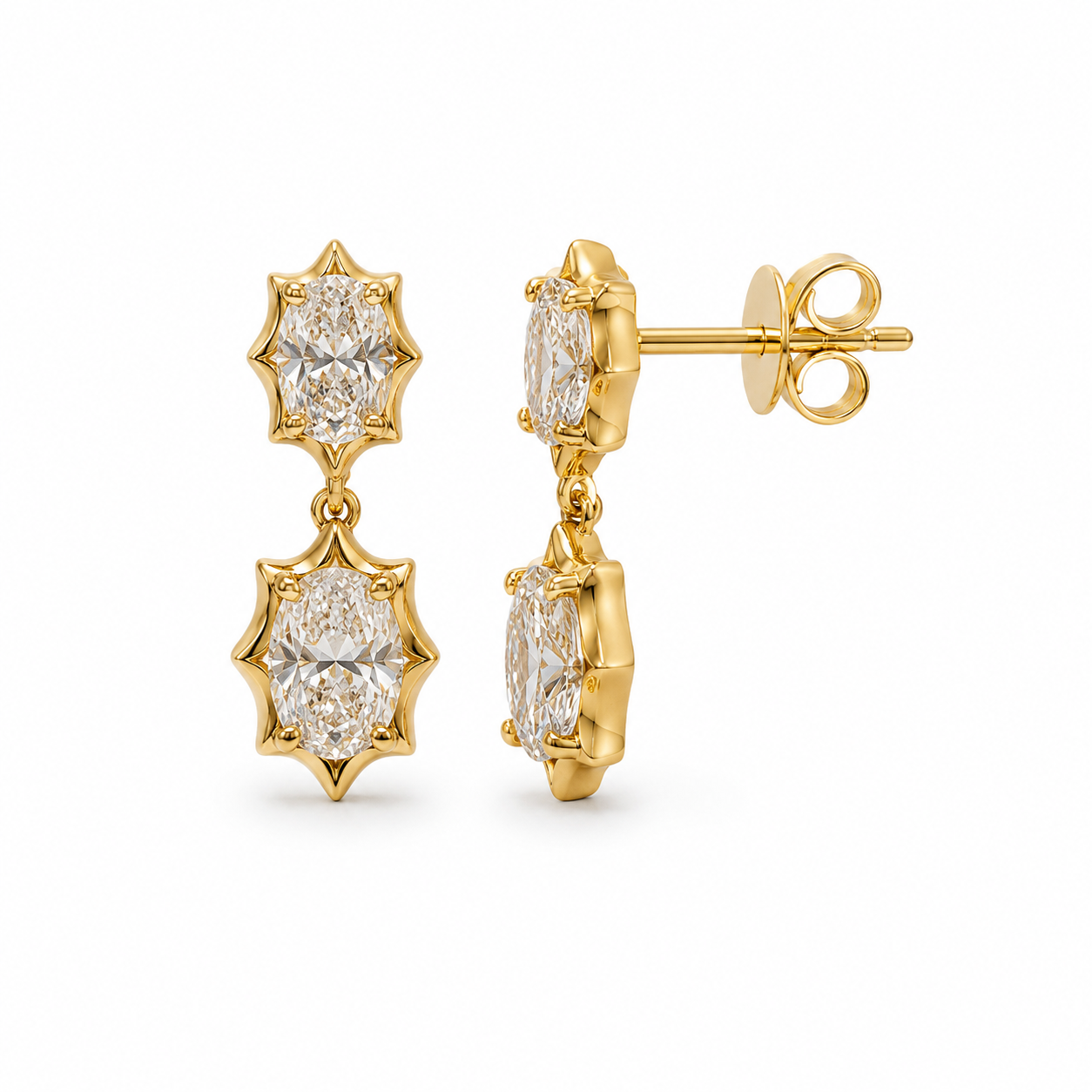 Marquise Diamond Double Drop Stud Earrings in 14K Yellow Gold
