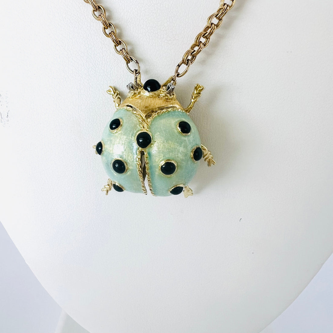 18k gold -filled chain necklace with vintage mint green enamel/diamond eye lady bug pendant