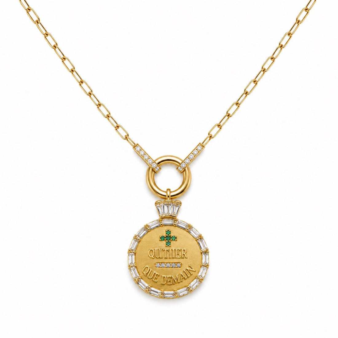 14K Gold Baguette Diamond and Emerald Coin Pendant