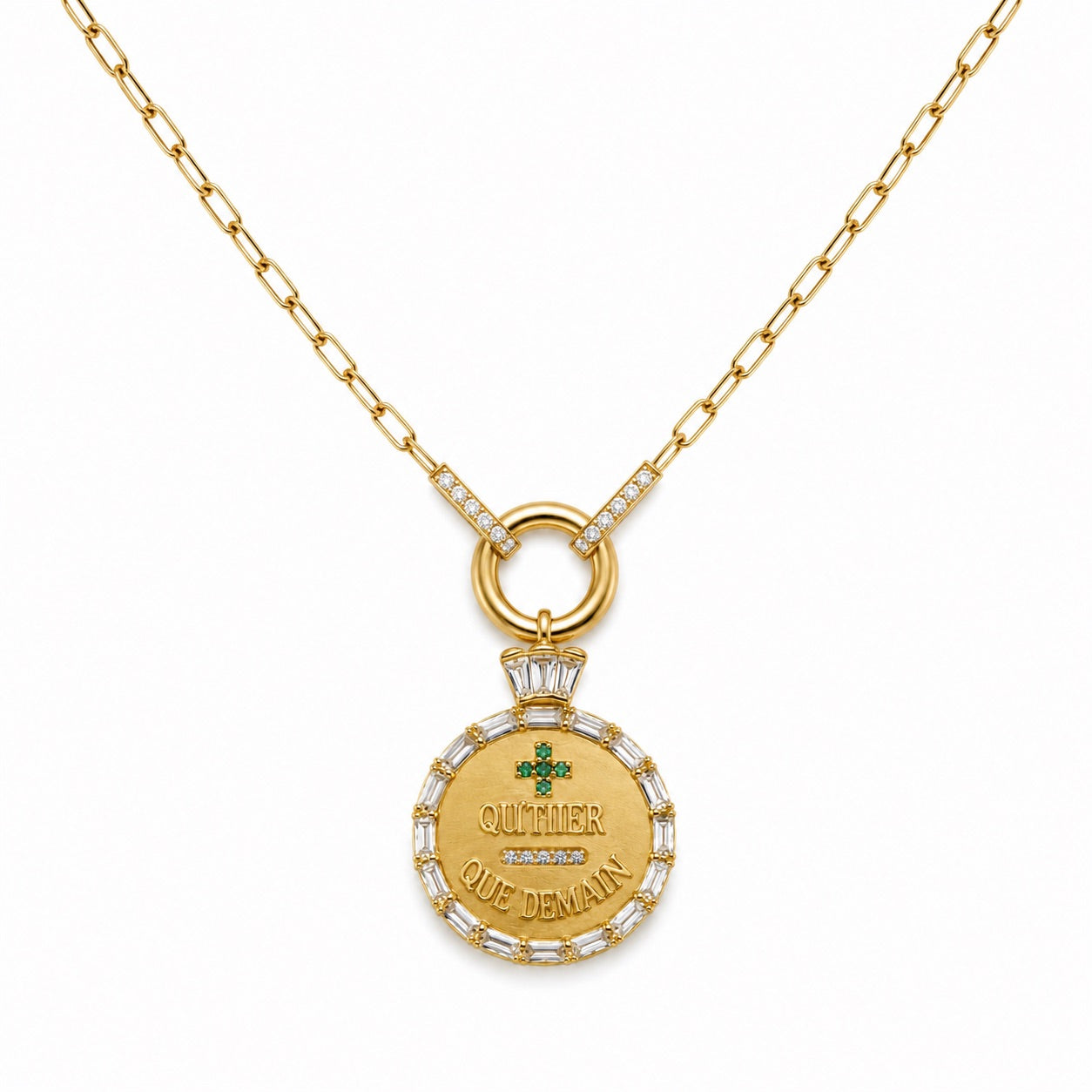 14K Gold Baguette Diamond and Emerald Coin Pendant