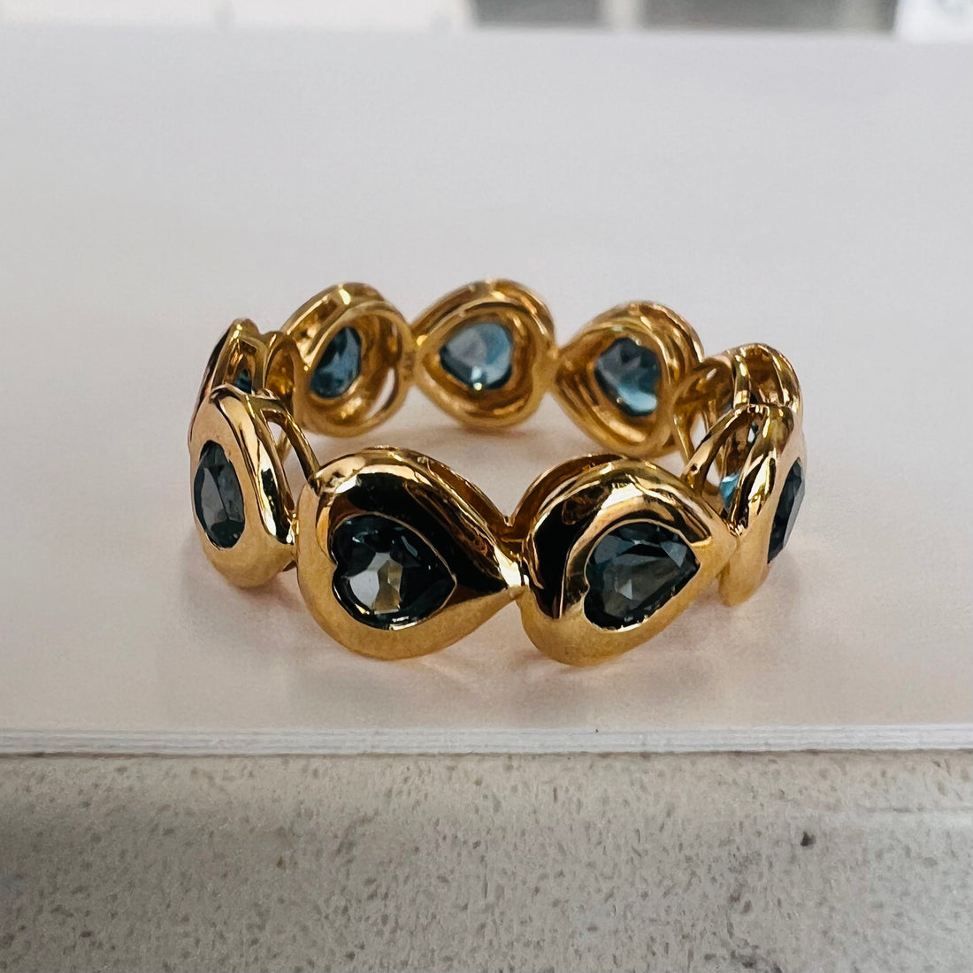14k gold with london blue topaz heart pattern band ring