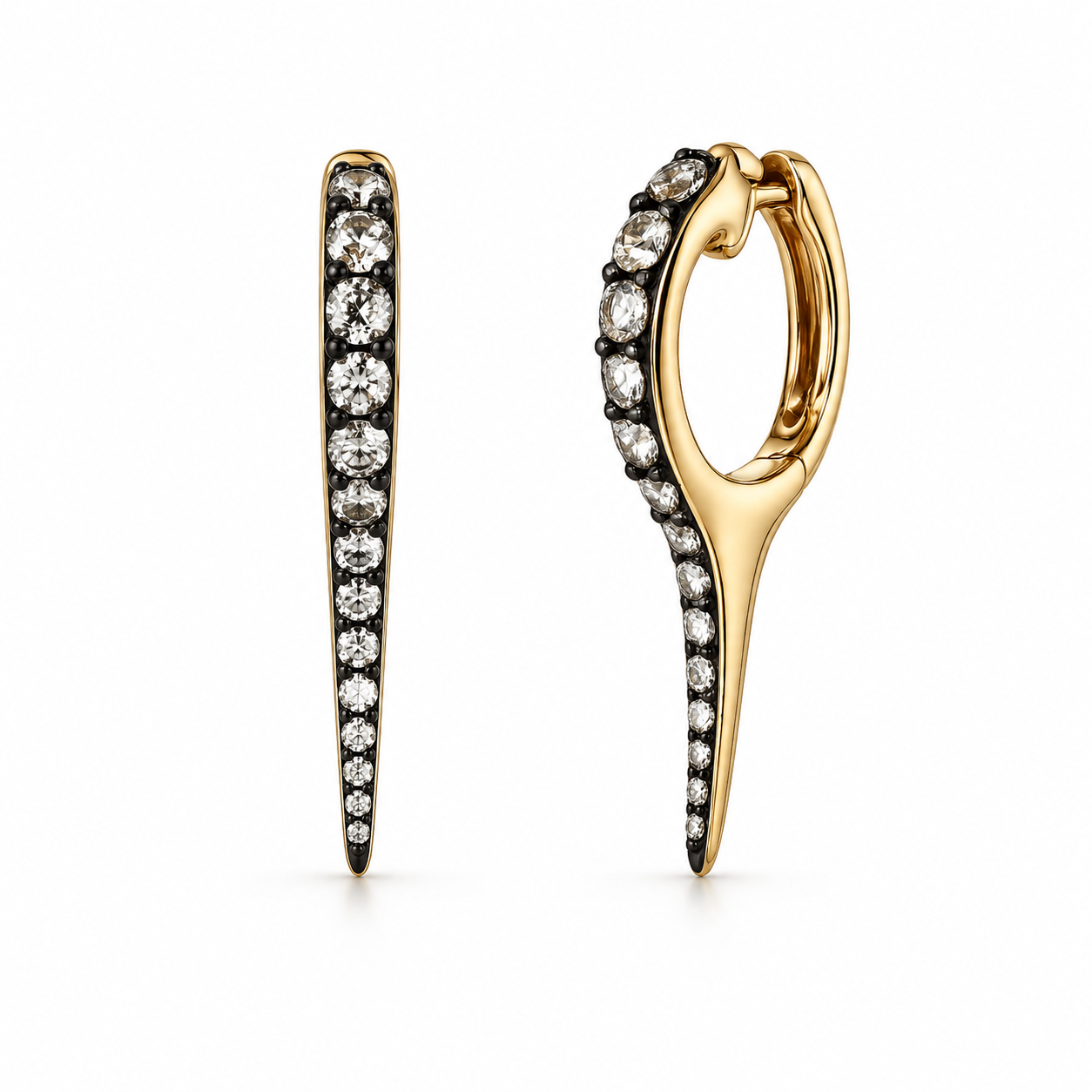 14K gold diamond tapered spike hoop earrings
