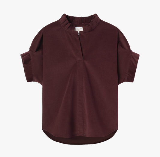JAG wine corduroy popover top with ruffle collar and cuff detail