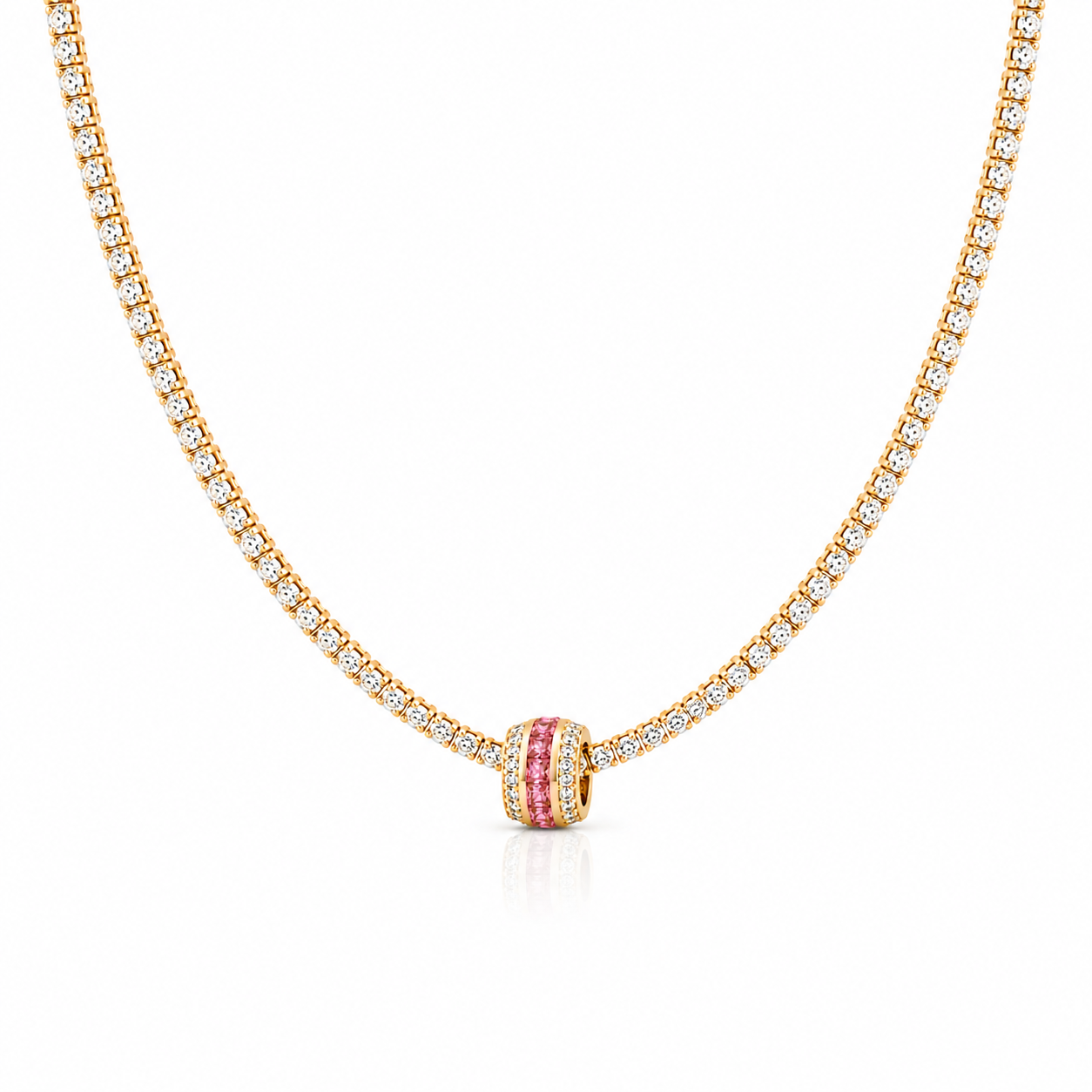 14k two row diamond and pink sapphire rondelle