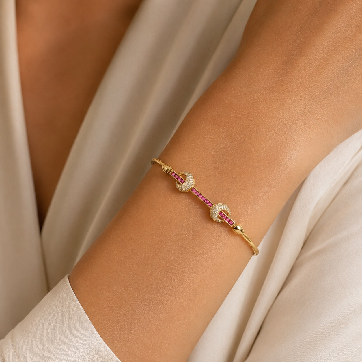 14K Gold Bangle with Pink Sapphire Bar and Diamond Knots