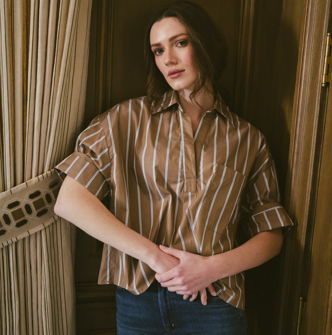 The ROSE Top in Brown Blue Stripe