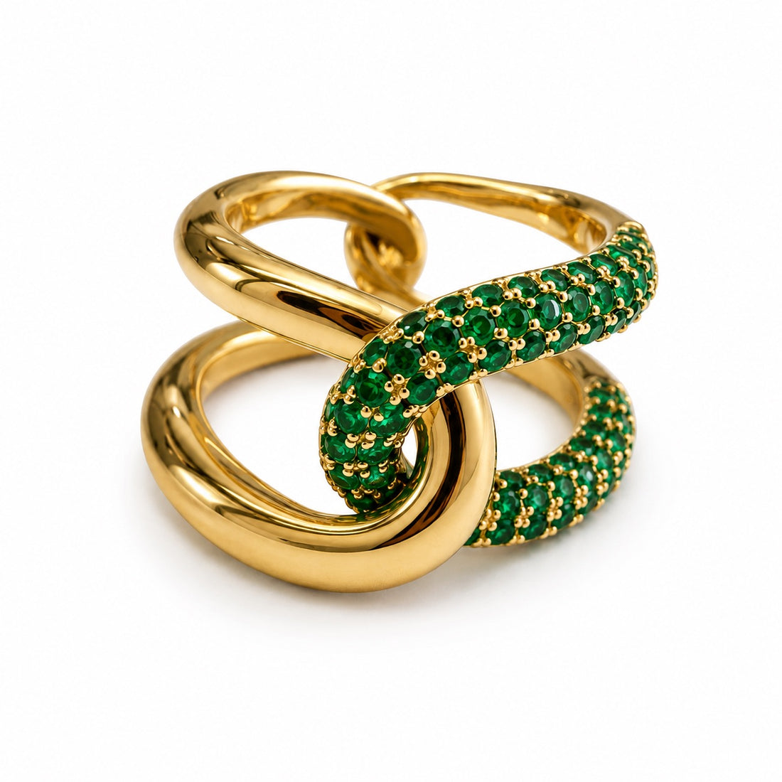 14K Gold Pavé Emerald Double Loop Cocktail Ring