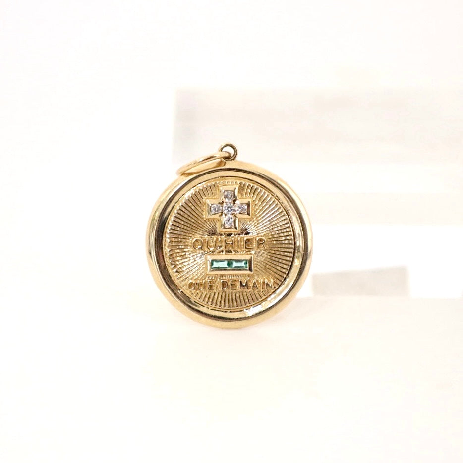 14k gold emerald and diamond Qu’ hier Que Demain pendant/charm