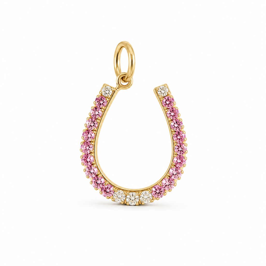 14K yellow gold pink sapphire and diamond horseshoe pendant