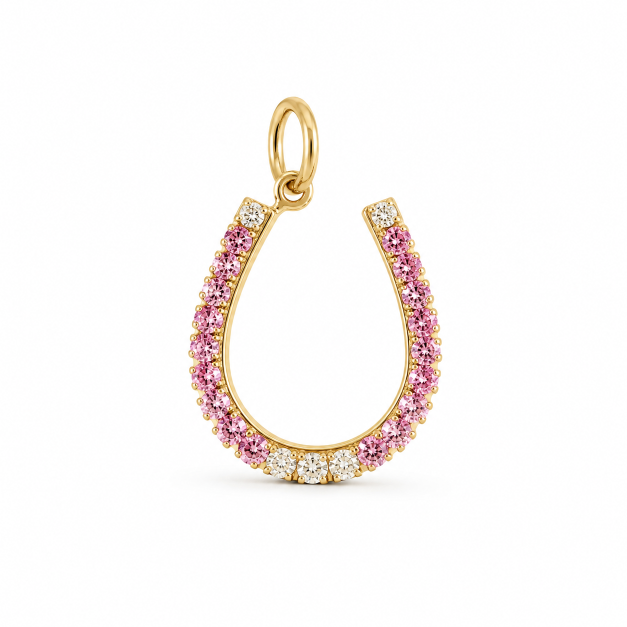 14K yellow gold pink sapphire and diamond horseshoe pendant