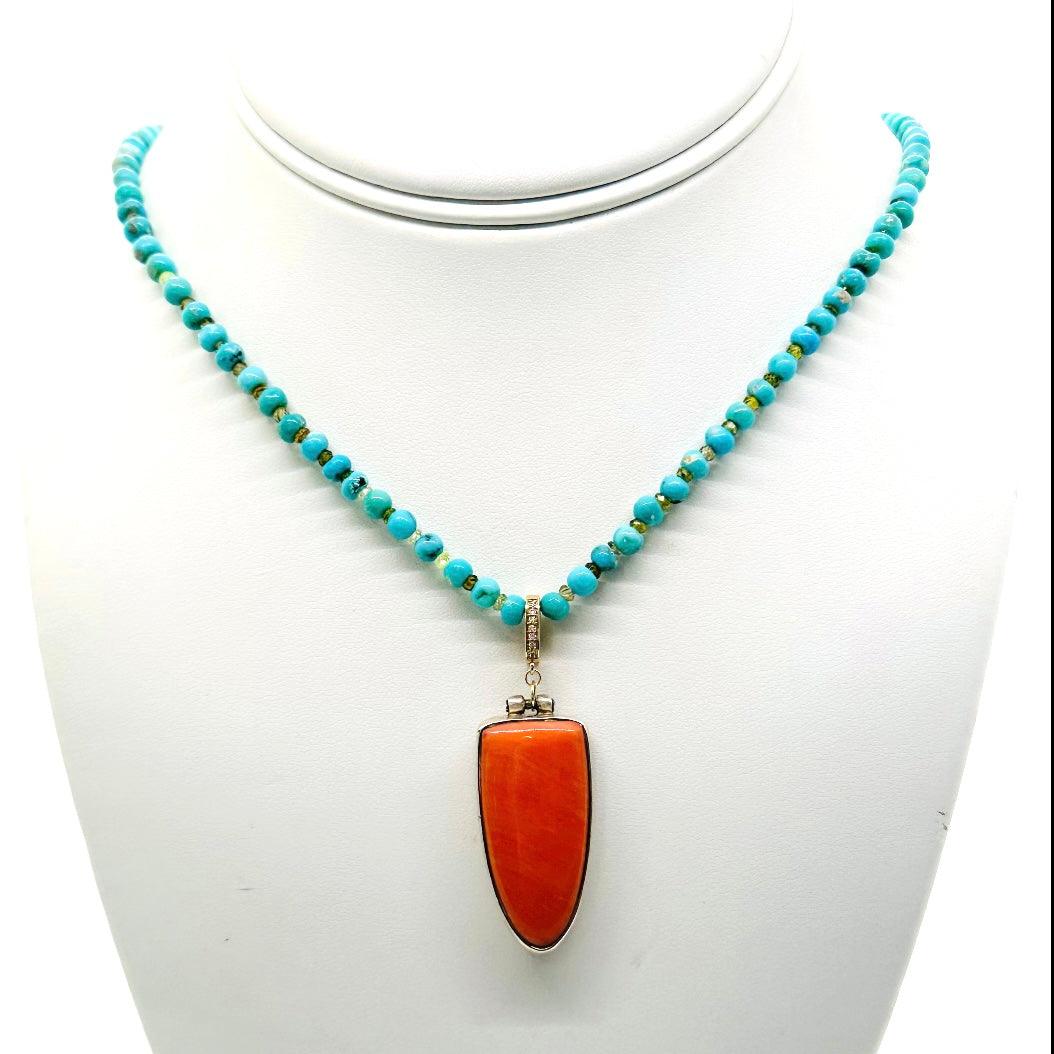 turquoise bead necklace with diamond orange pendent