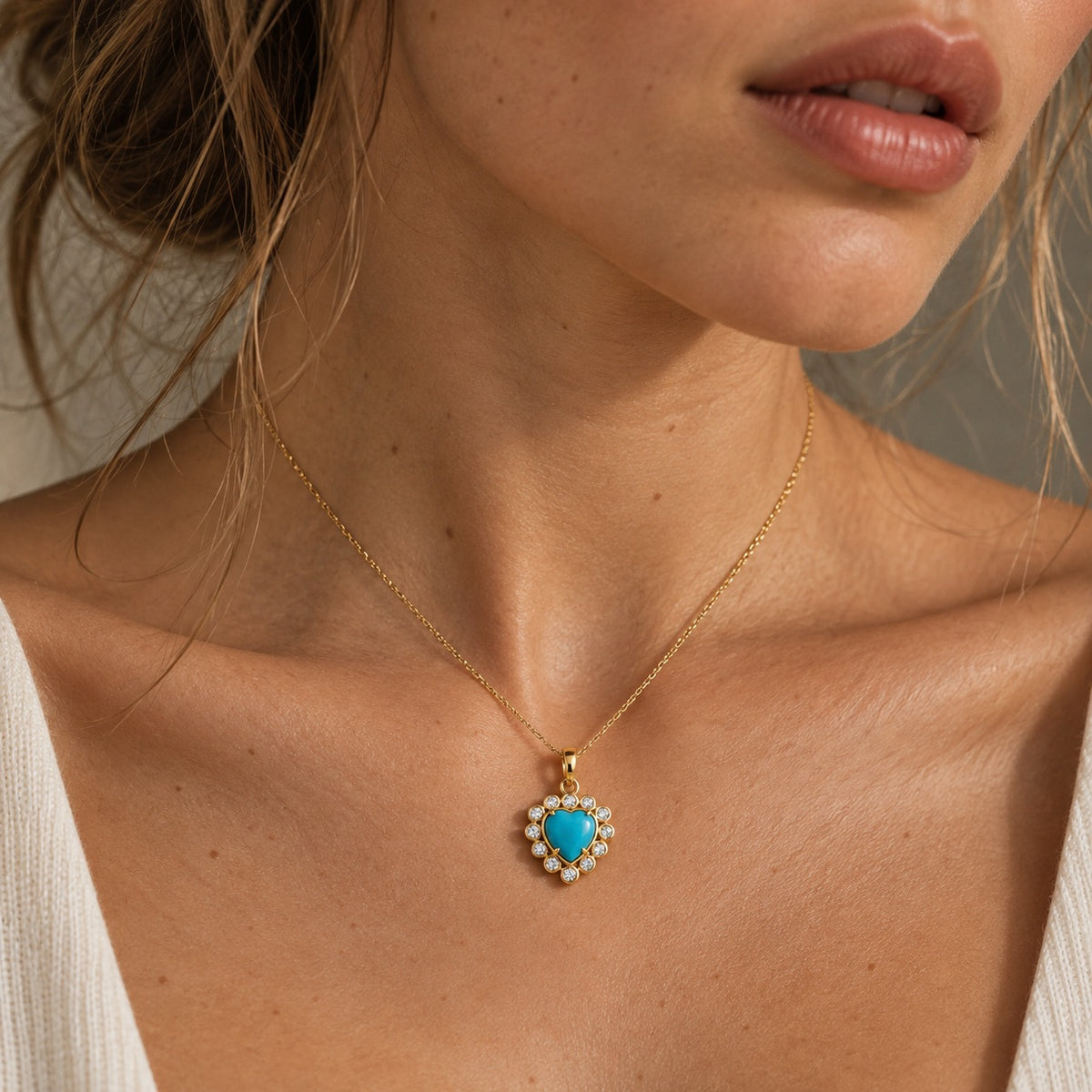 14K Gold Turquoise Heart Pendant with Diamond Halo