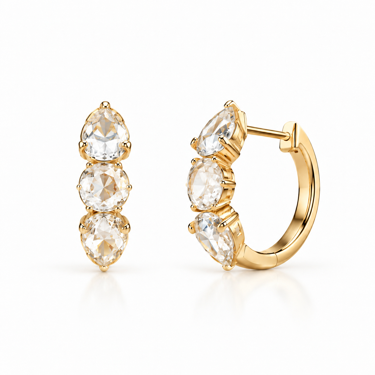 14K Gold Rose Cut Diamond Three-Stone Huggie Earrings, 3ctw