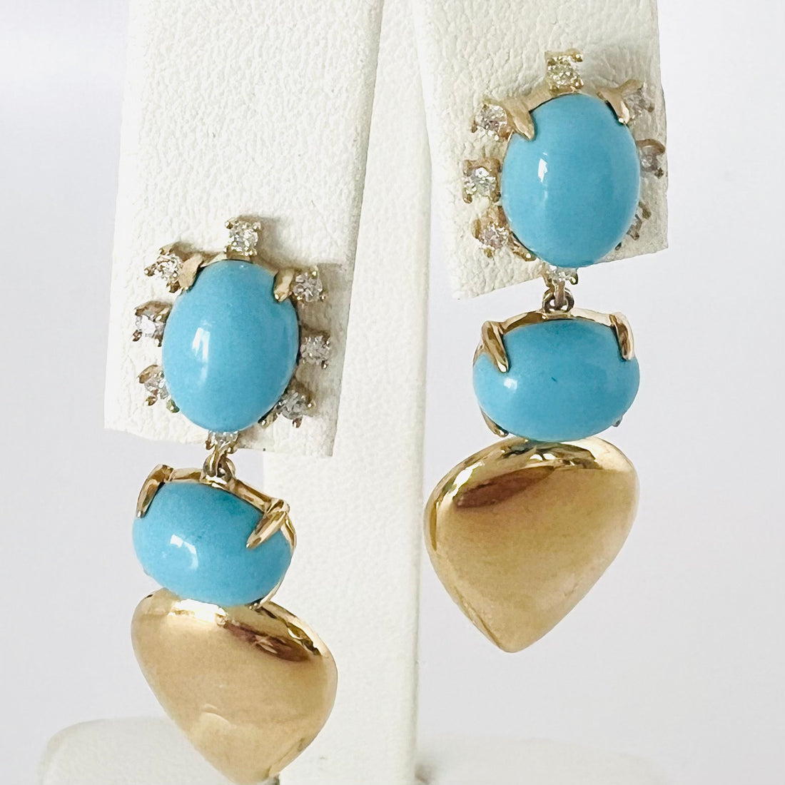 14k gold diamond and turquoise mixed shape drop earrings