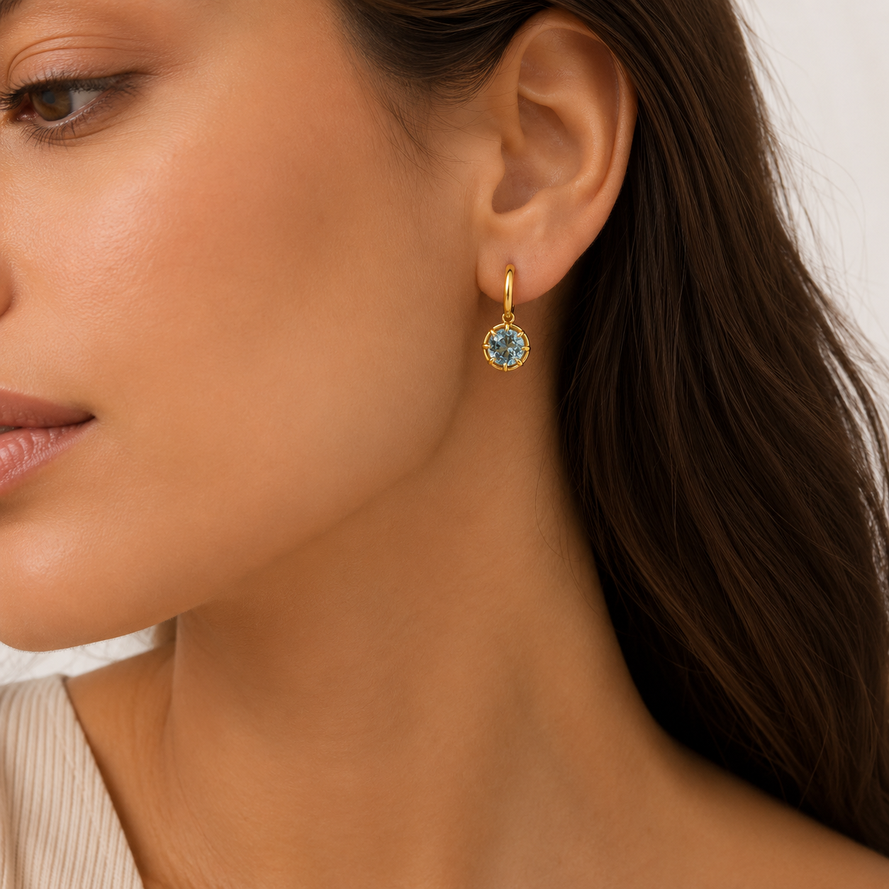 14K gold aquamarine drop earrings, close-up detail
