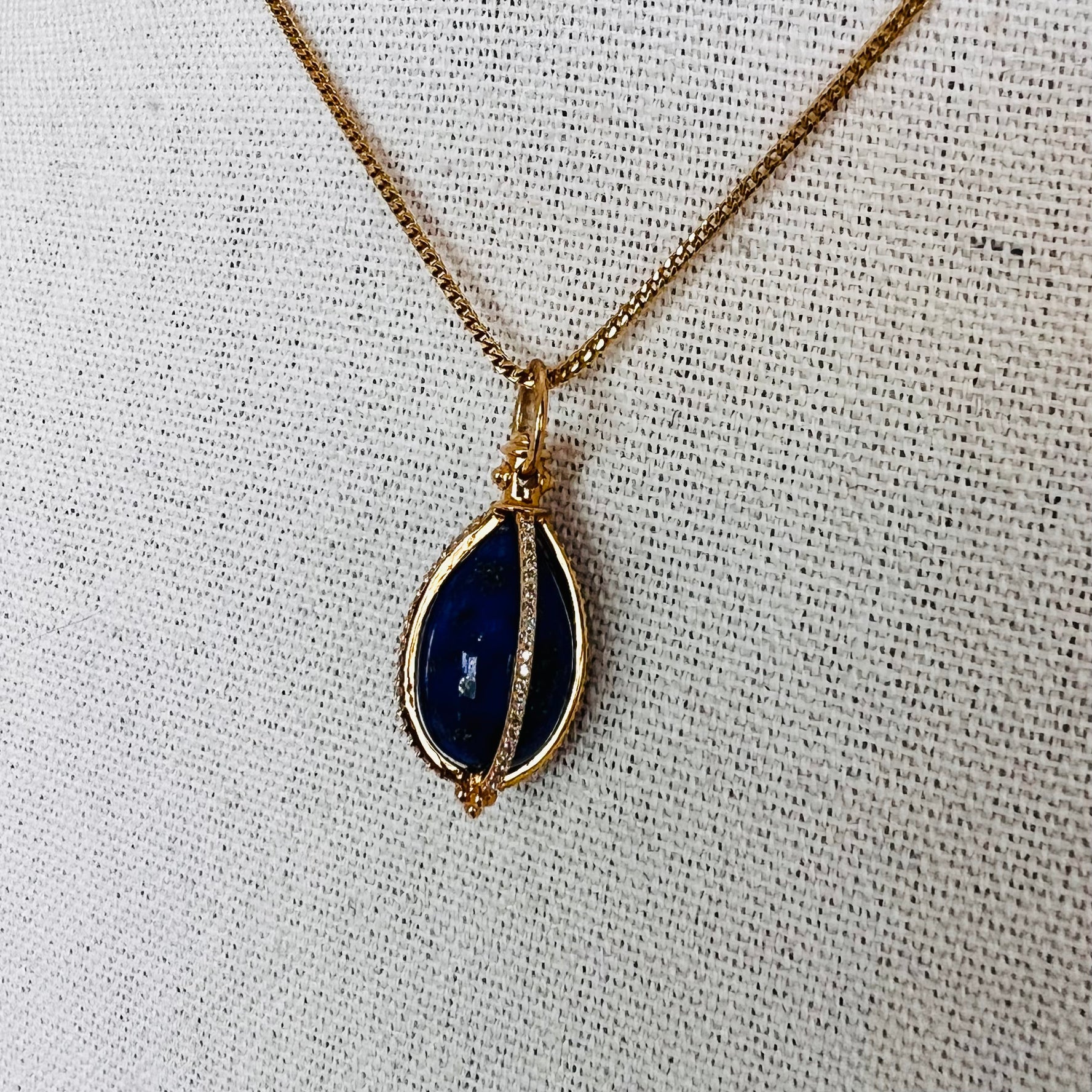 14k diamond with lapis caged pendant