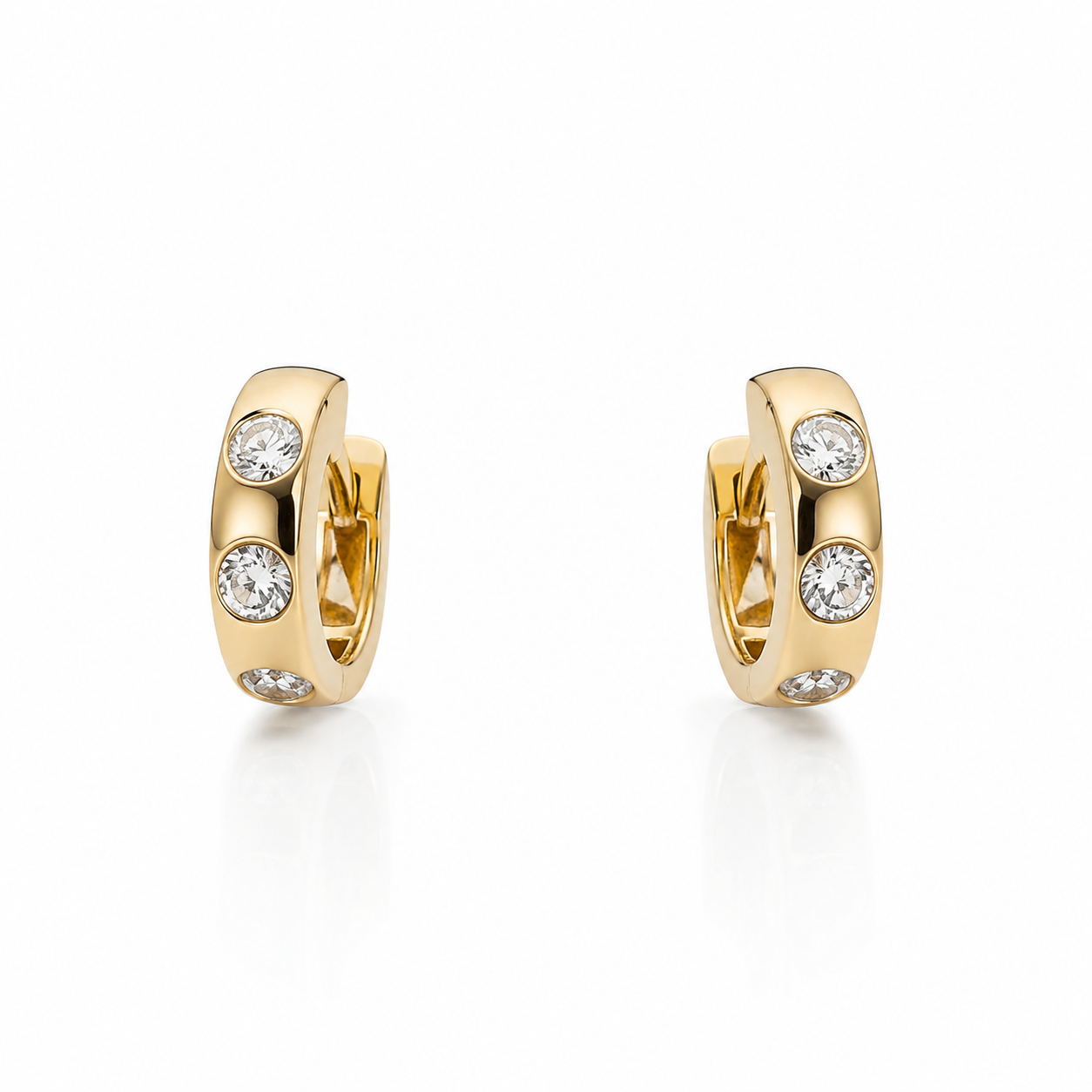 14K gold bezel-set natural diamond huggie hoop earrings