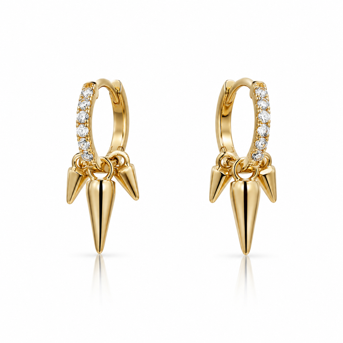 14K Gold Pavé Diamond Huggie Earrings with Triple Gold Spike Drops