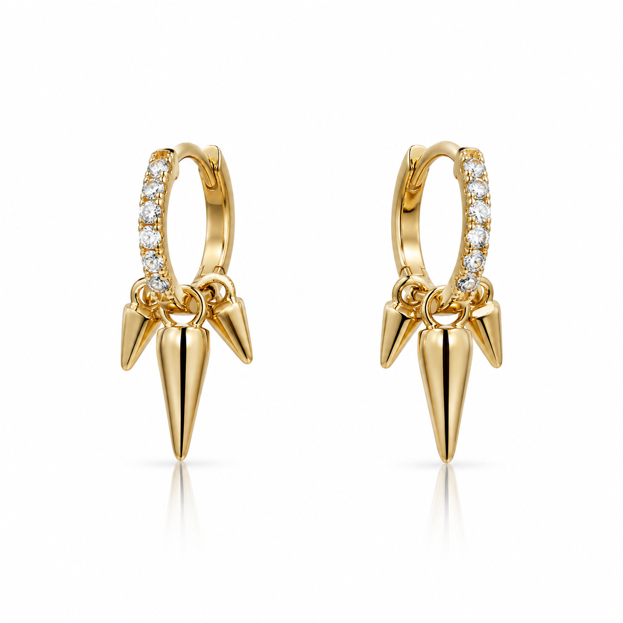 14K gold pavé diamond huggie earrings with triple gold spike drops