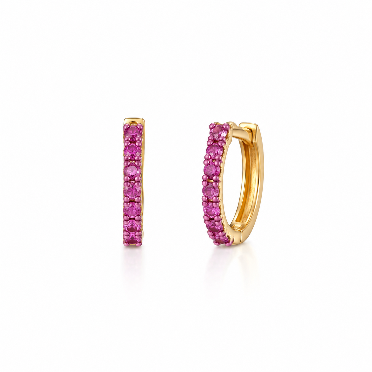14K gold natural pink sapphire huggie hoop earrings