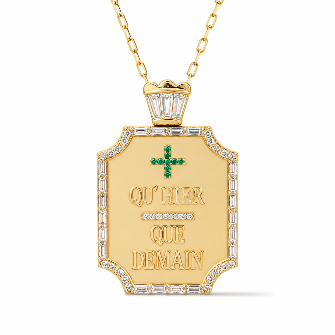 14K Gold Diamond & Emerald “Qu’Hier Que Demain” Pendant