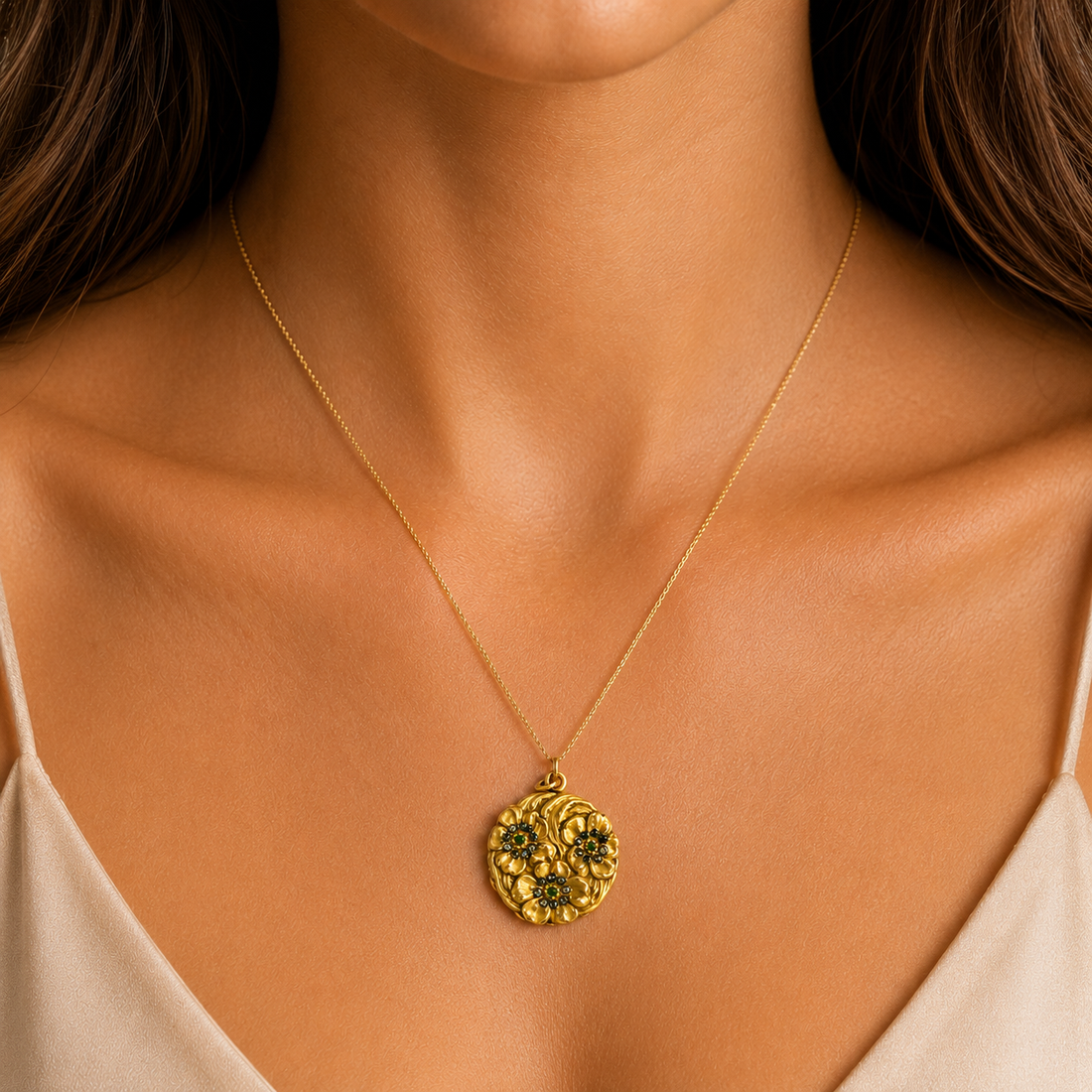 Vintage floral locket, close-up detail