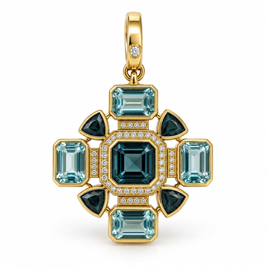 14K Gold Tourmaline & Blue Topaz Statement Pendant