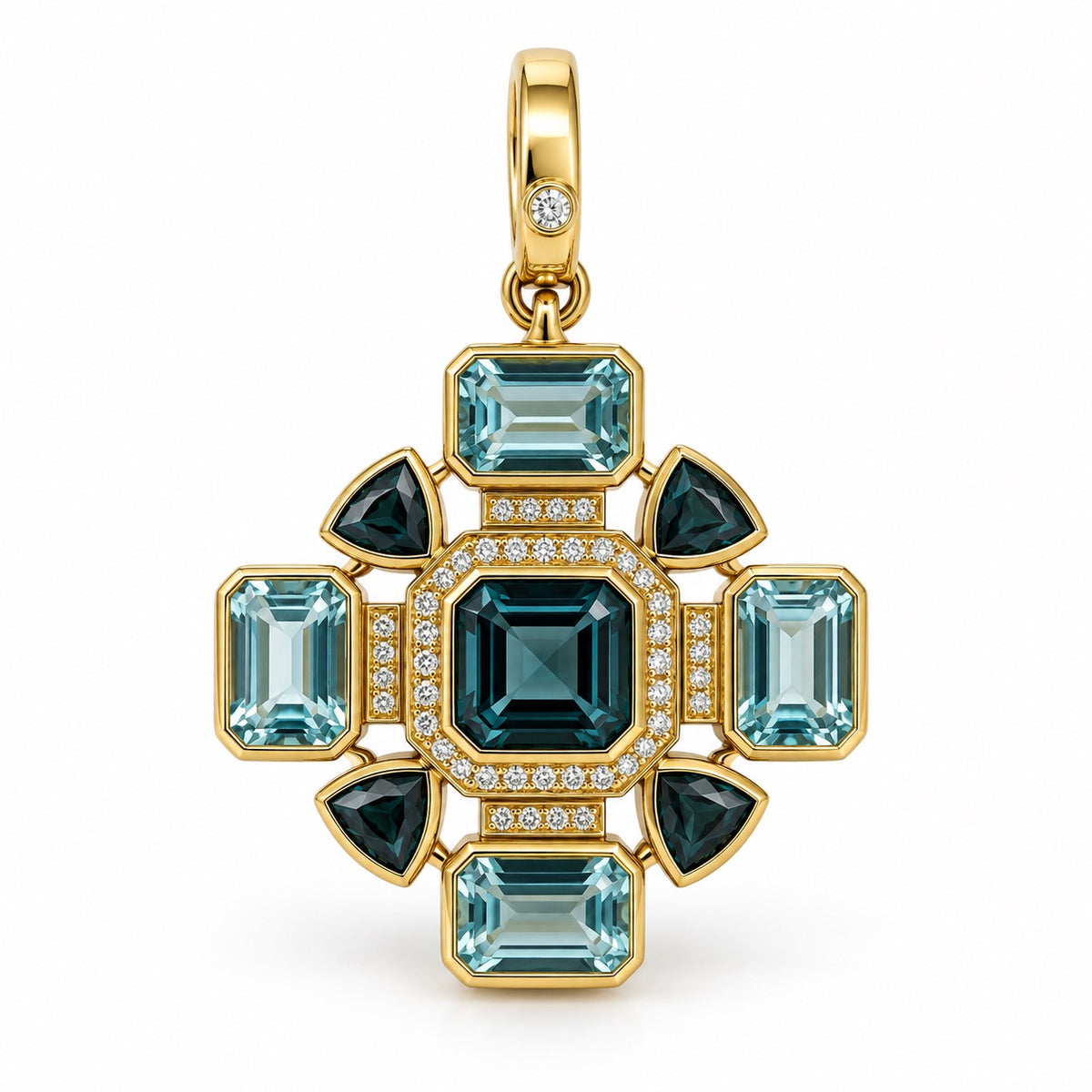 14K Gold Tourmaline & Blue Topaz Statement Pendant