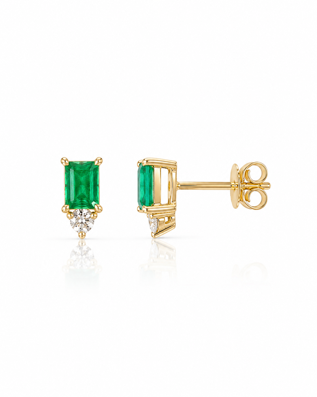 14K Gold Natural Emerald Baguette and Diamond Stud Earring
