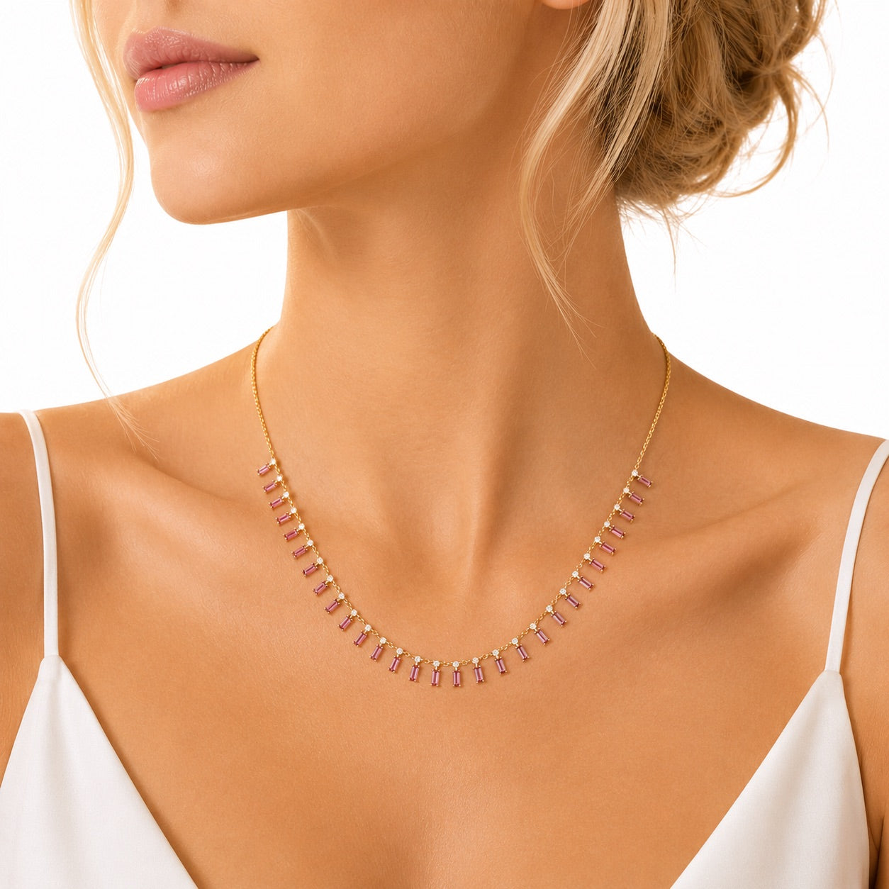 14k gold diamond and pink sapphire baguette necklace