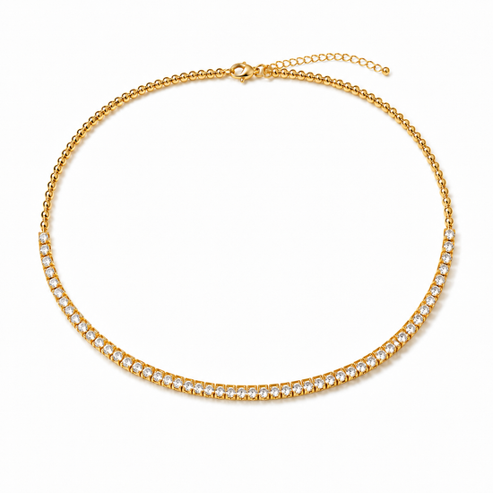 14K gold diamond beaded choker with half-tennis front and gold bead back